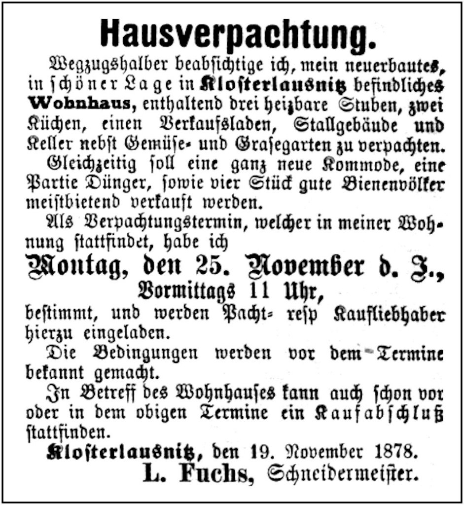 1878-11-19 Kl Wegzug Schneidermeister Fuchs